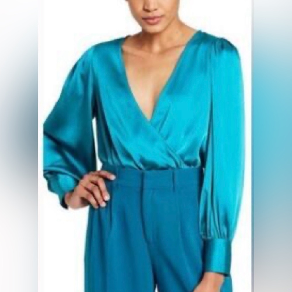 Satin Wrap V-Neck Blouse in Teal
